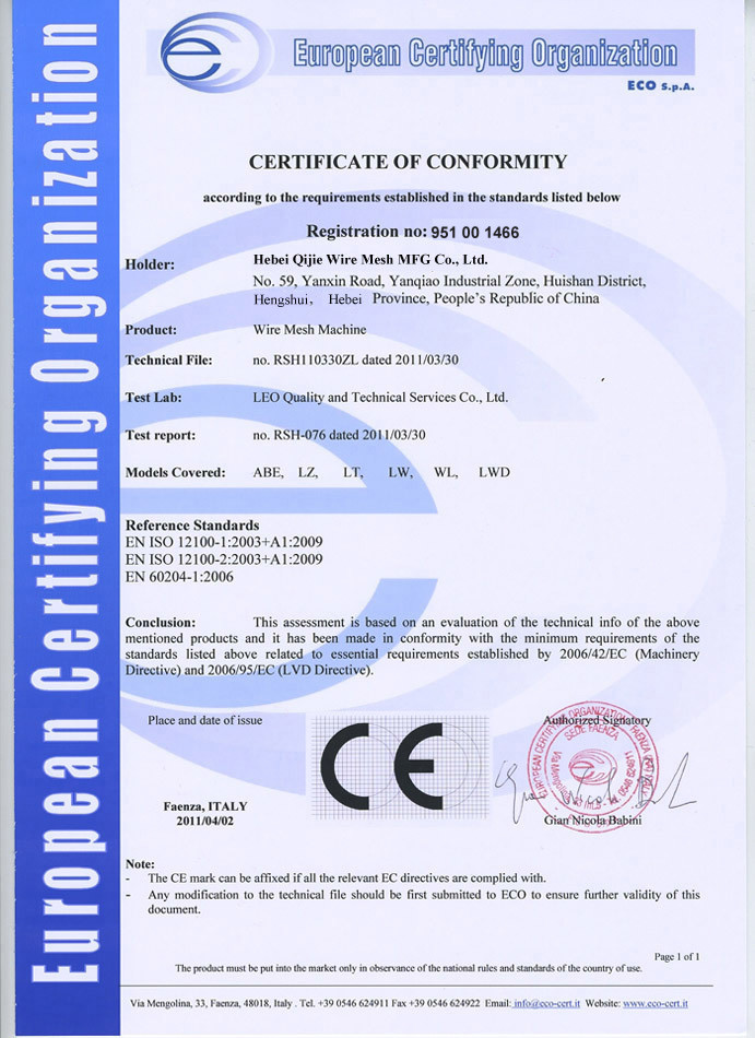 Chiny Hebei Qijie Wire Mesh MFG Co., Ltd Certyfikaty